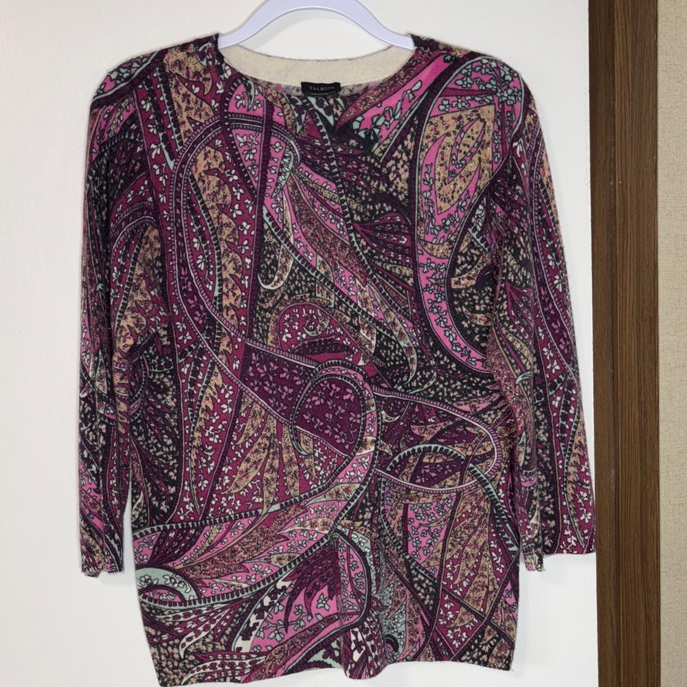 Talbots 100% Cashmere Women Paisley Top Sweater Burgundy Purple Luxury Soft Knit